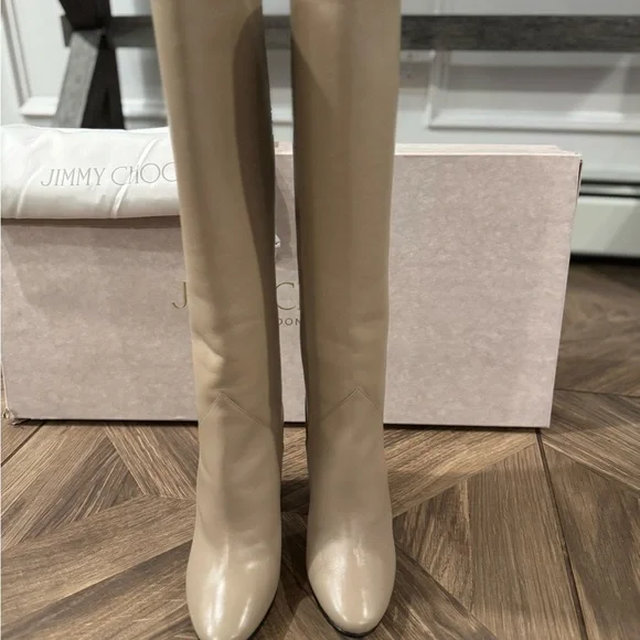 Jimmy Choo Rydea Cream Heeled Boots with Gold Accents - Picture 10 of 10